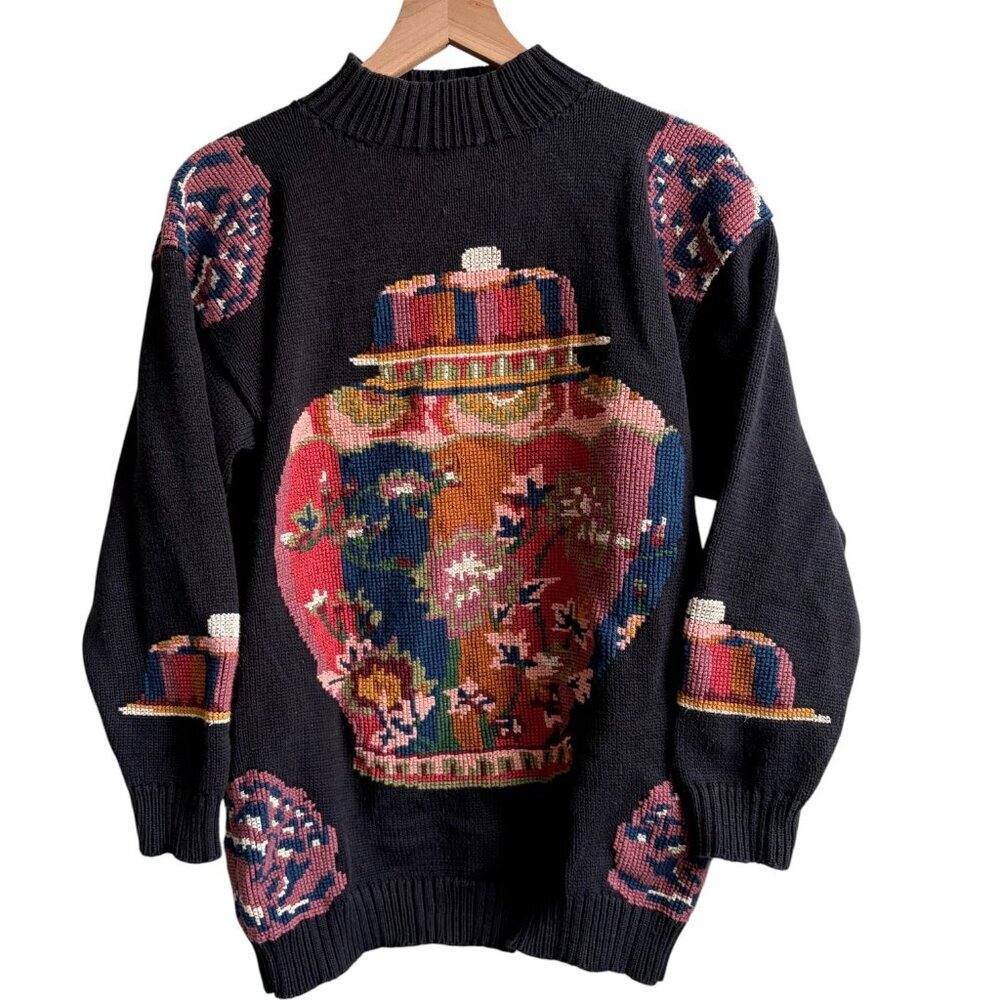 VTG Norm Thompson Floral Design 100% Cotton Hand Framed Sweater Medium 90s y2k
